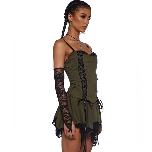 💔SOLD💔CURRENT MOOD Lost Tales Corset Mini Dress Handkerchief Hem Lace Trim - Picture 12 of 14